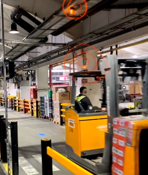 Forklift and pedestrian safety system in action